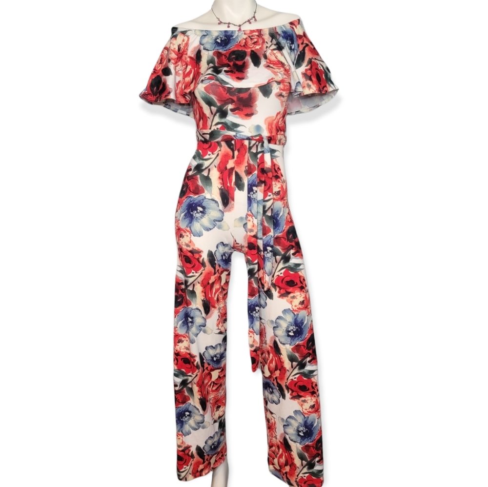 Minette Floral Off Shoulder Belted Jumpsuit, EUC, Size Medium